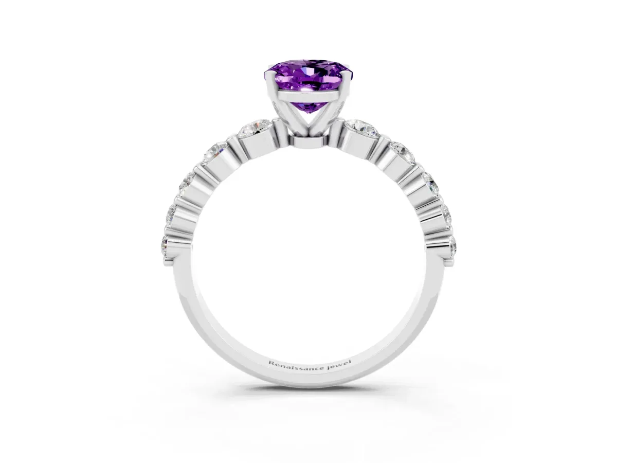 Oval Cut Solitaire Amethyst Ring with Pave Band and Four-Prong Setting Silver
