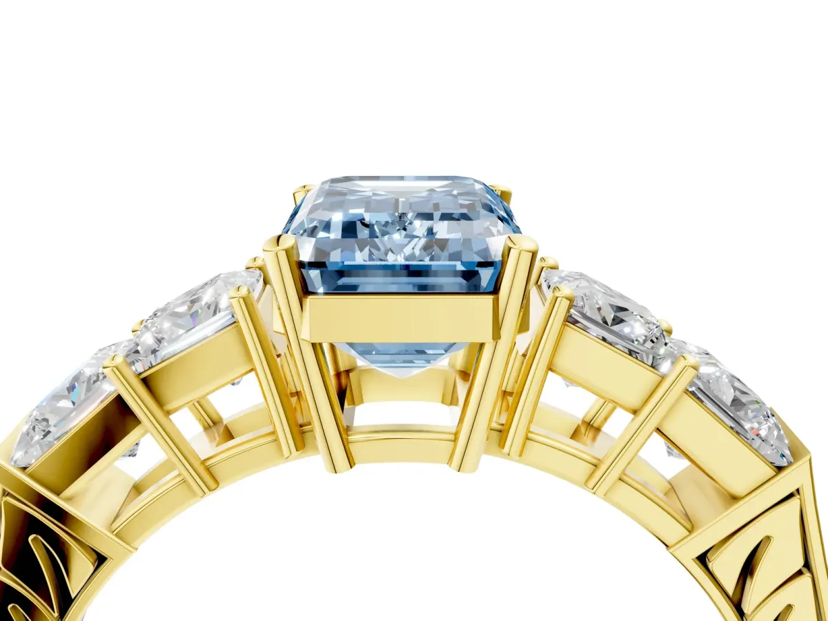 Fancy Blue Emerald Cut Solitaire Princess Side Stone Engraved Band Prong Setting Ring Yellow gold