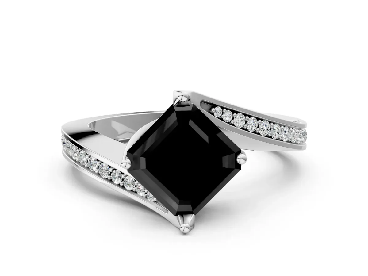 Fancy Black Asscher Cut Solitaire Diamond Twist Band with Pavé Setting and Four-Prong Setting Platinum
