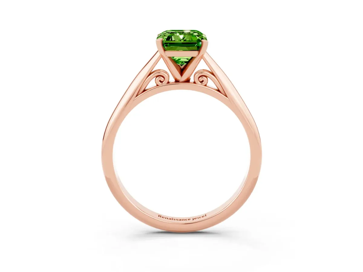 Emerald Cut Peridot Solitaire Engagement Ring with Cathedral Setting and Four-Prong Mount Rose gold