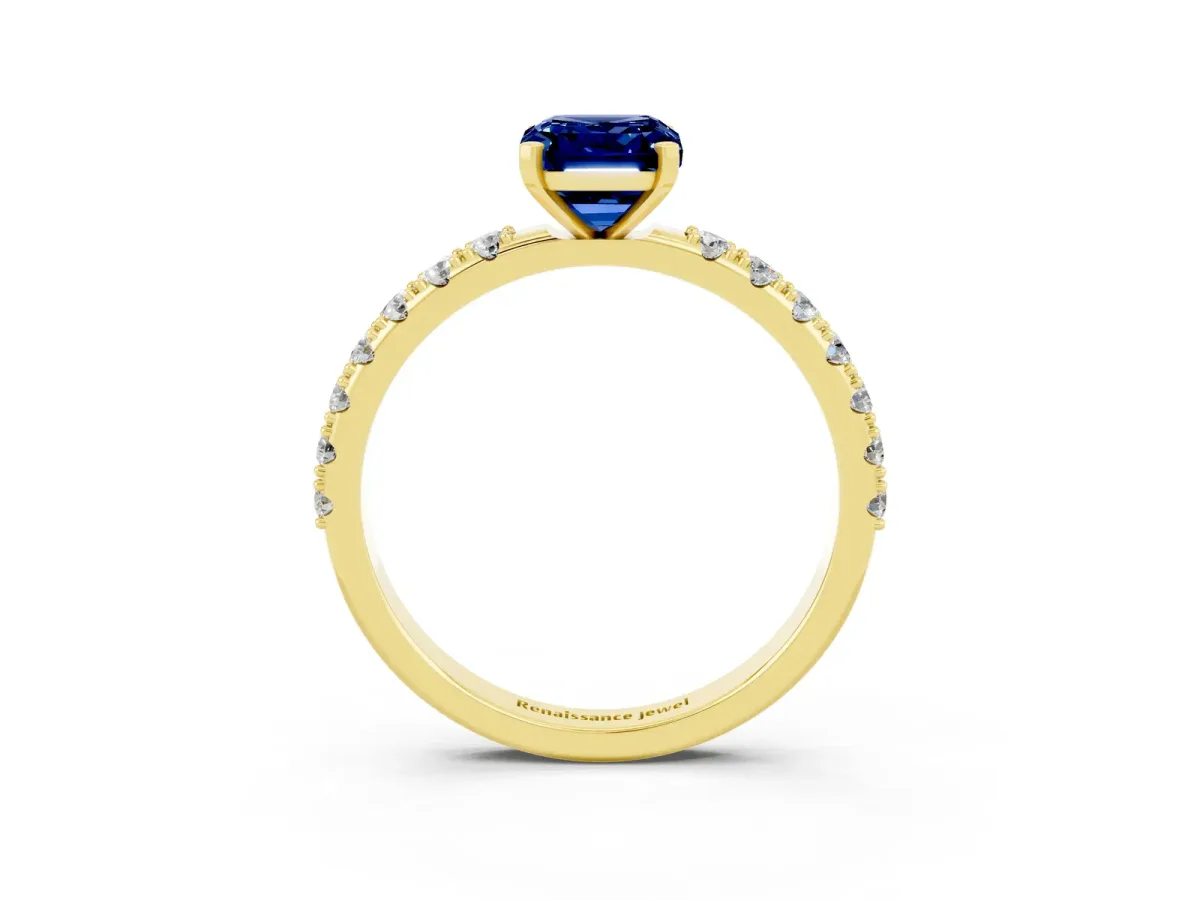 Emerald Cut Blue Sapphire Solitaire Pavé Band with Four-Prong Setting Yellow gold