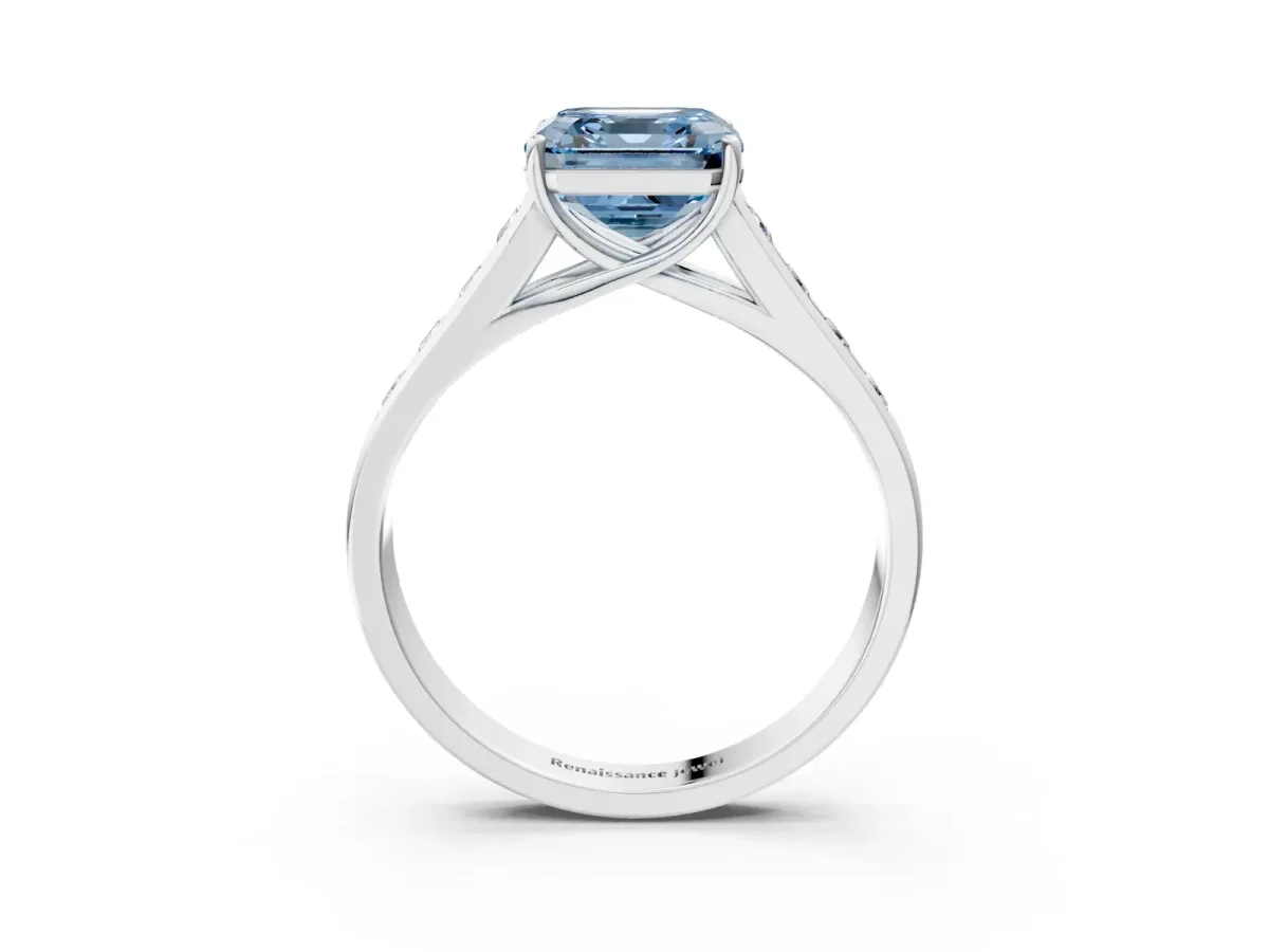Fancy Blue Asscher Cut Solitaire Channel-Set Diamond Engagement Ring with Four-Prong Setting Platinum