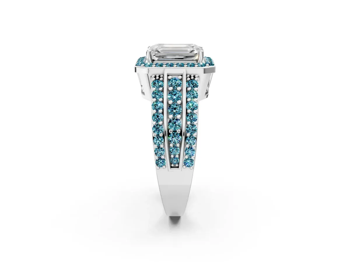 Emerald Cut Halo Diamond Ring with Round Blue Topaz Split Shank and Prong Setting Silver