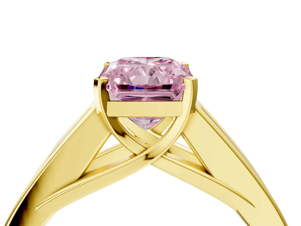 Fancy Pink Radiant Cut Cut Channel Set Solitaire Ring with Four-Prong Setting Yellow gold