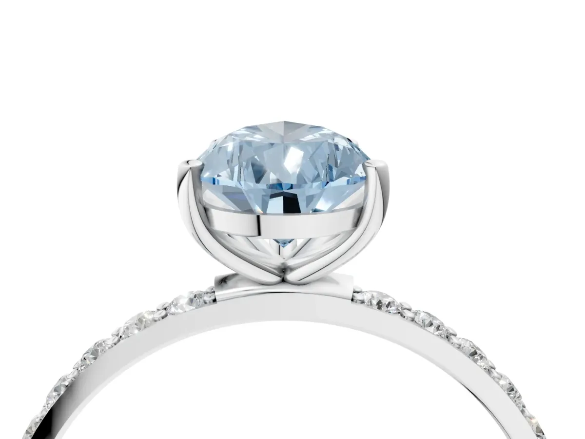 Fancy Blue Pear Cut Diamond Solitaire Ring with Round Pavé Shoulders and Prong Setting White gold