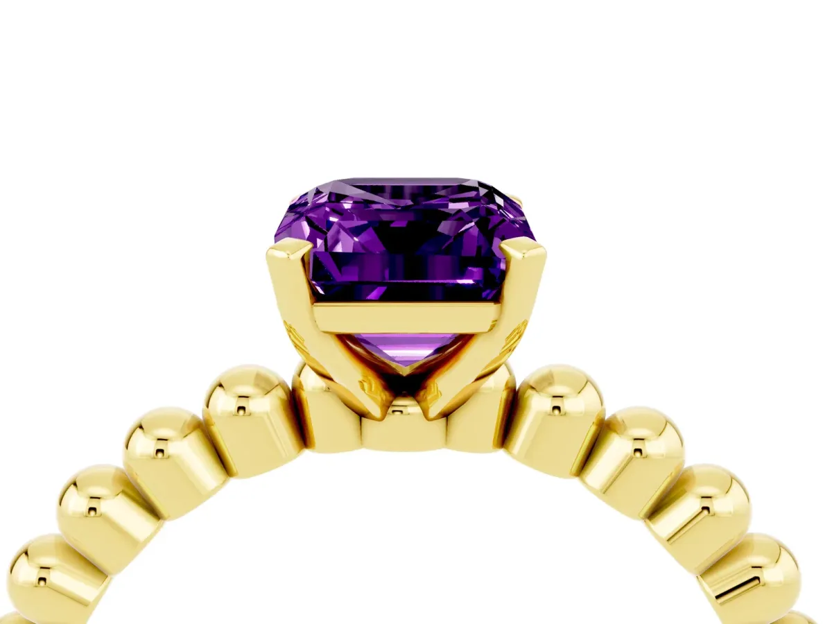 Emerald Cut Amethyst Solitaire Ring with Beaded Band and Prong Setting Yellow gold