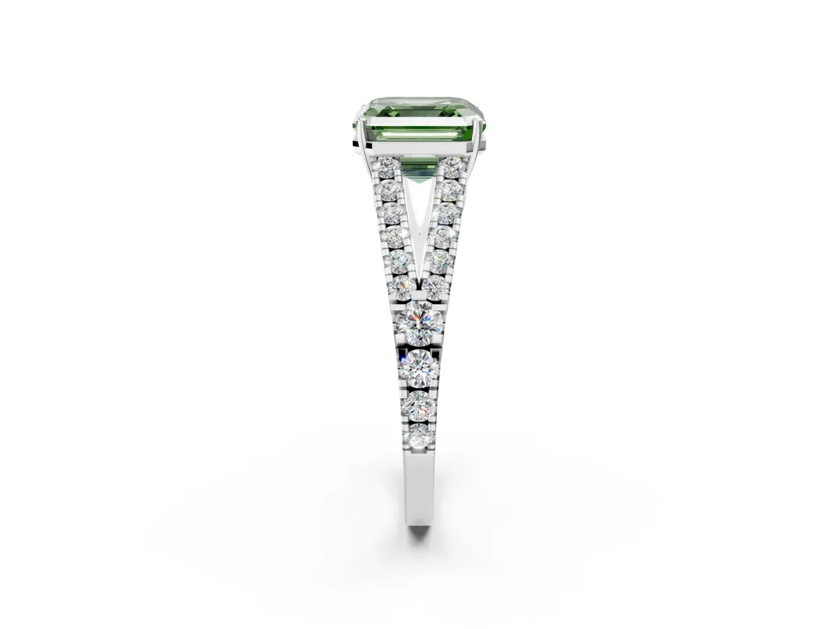 Fancy Green Asscher Cut Diamond Split Shank Engagement Ring with Round Pavé and Prong Setting Platinum