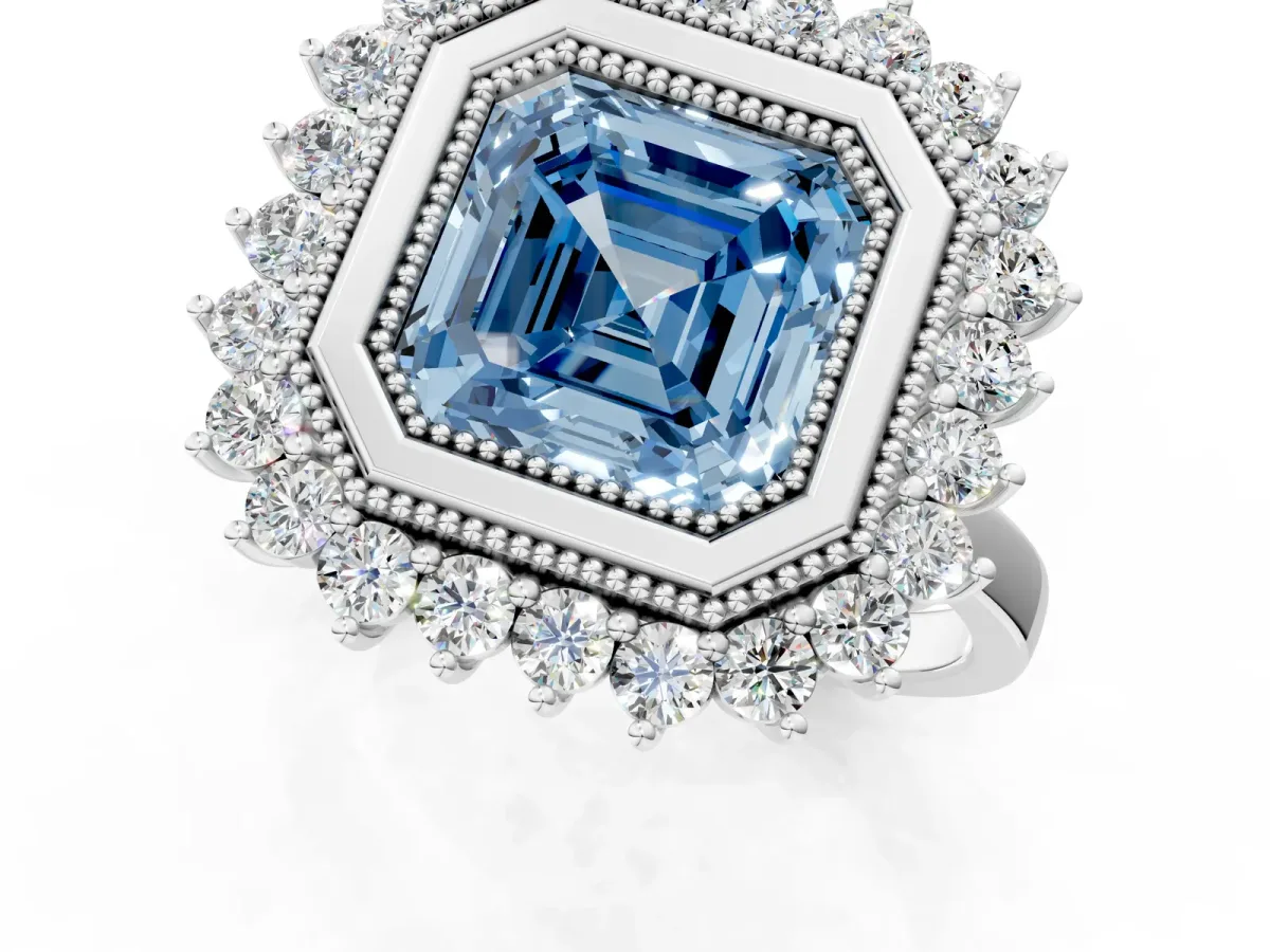 Fancy Blue Asscher Cut Halo Diamond Ring with Milgrain Edge and Round Prong Setting Platinum