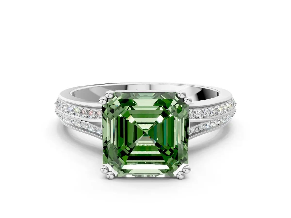 Fancy Green Asscher Cut Diamond Split Shank Engagement Ring with Pavé Band Platinum