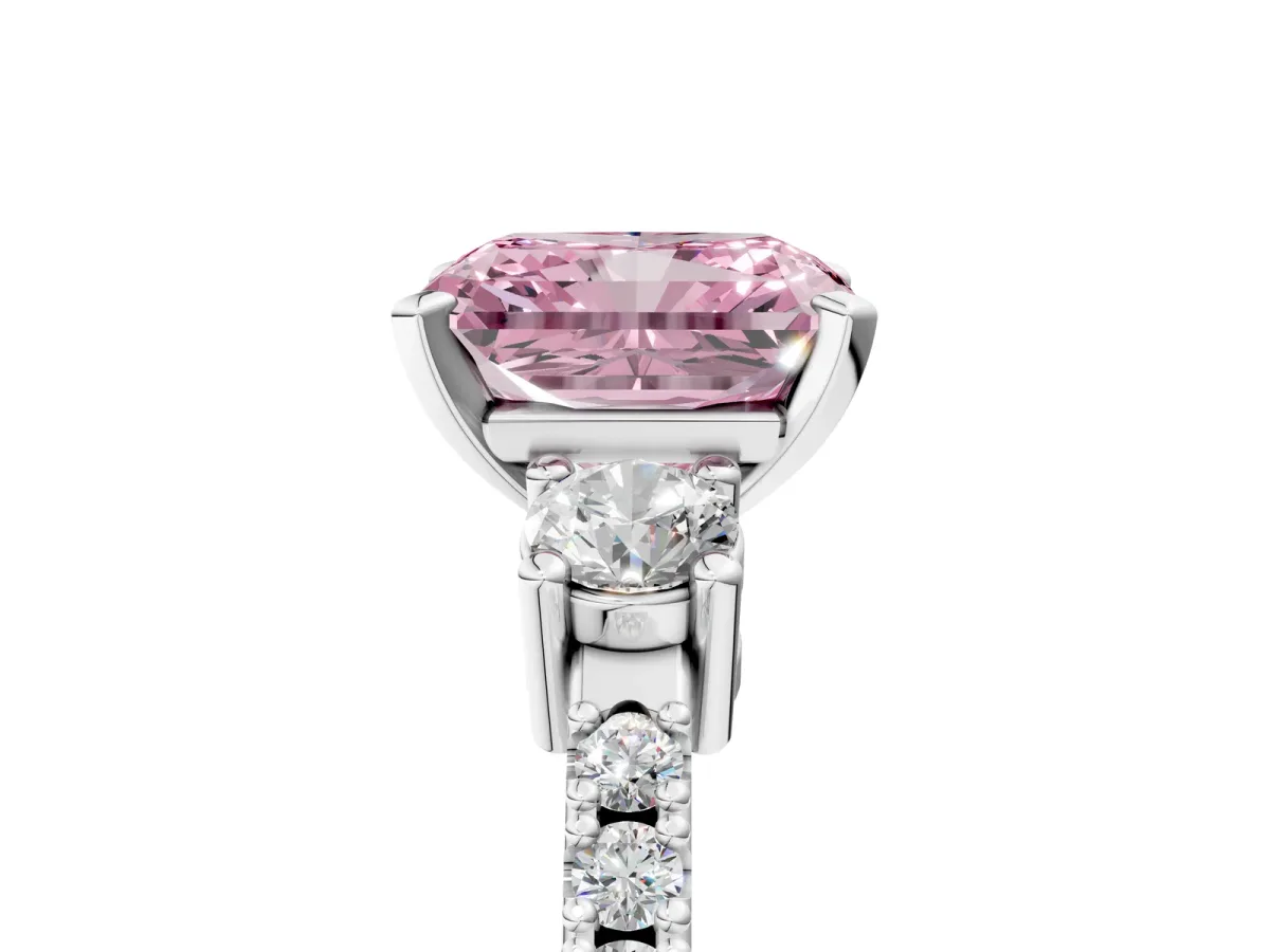 Fancy Pink Radiant Cut Cut Three-Stone Diamond Pavé Band with Prong Setting Platinum