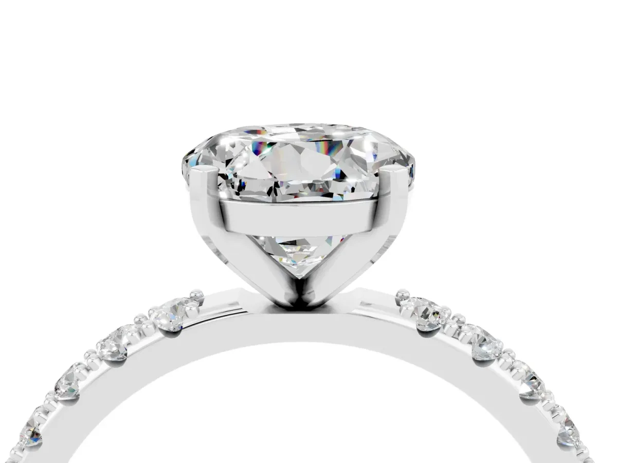 Round Cut Moissanite Solitaire Pavé Band with Four-Prong Setting Silver