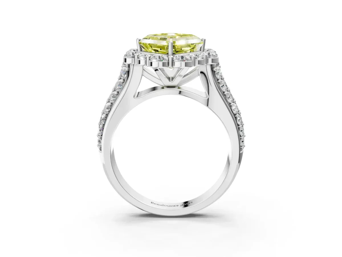 Fancy Yellow Asscher Cut Halo Diamond Engagement Ring with Split Shank and Prong Setting Platinum