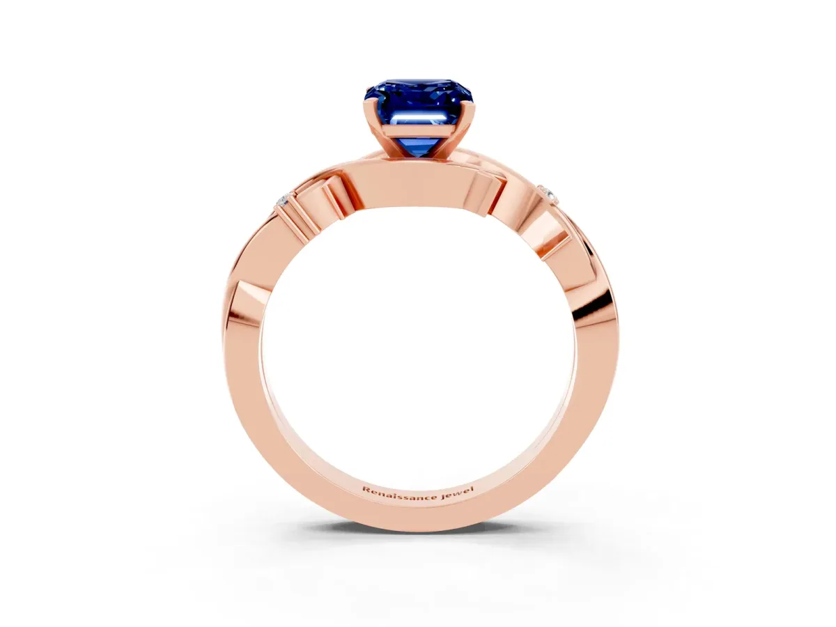 Emerald Cut Blue Sapphire Solitaire Ring with Twisted Band and Prong Setting Rose gold