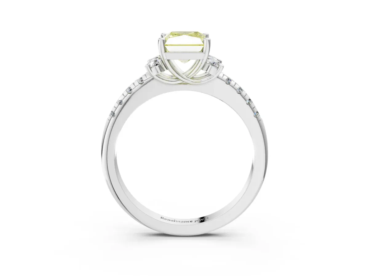 Fancy Yellow Radiant Cut Diamond Three-Stone Pave Band with Four-Prong Setting Platinum