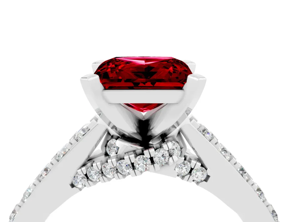 Princess Cut Ruby Solitaire Ring with Crossover Gallery and Round Pavé Band White gold