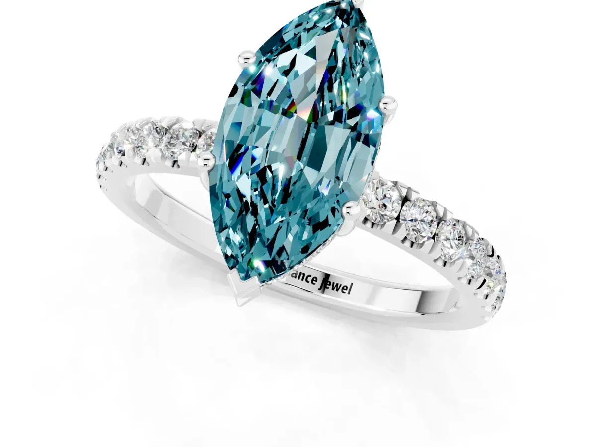Marquise Cut Blue Topaz Pave Band Solitaire Ring with Round and Prong Setting Silver