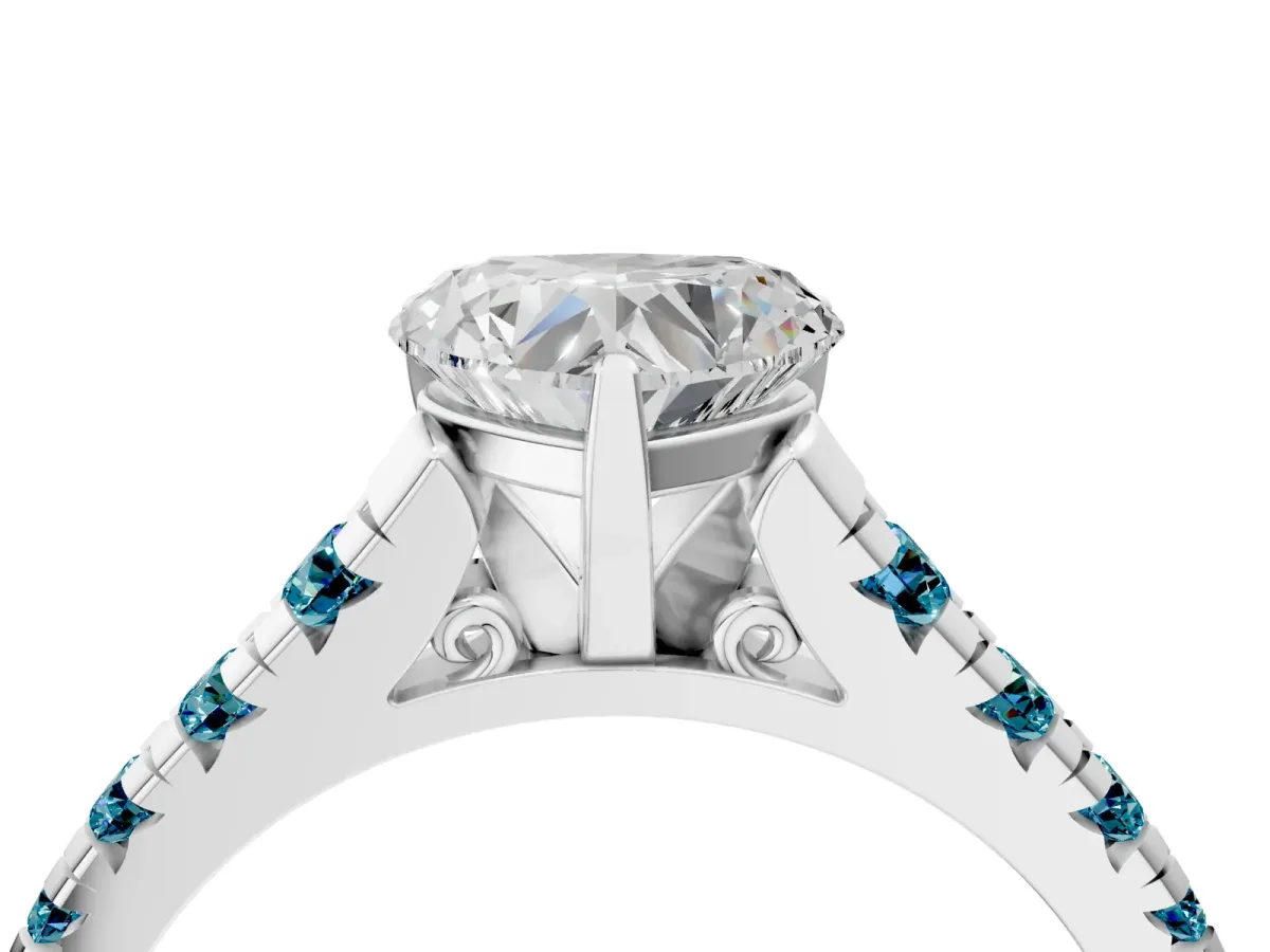 Heart Cut Diamond Cathedral Solitaire Ring with Round Blue Topaz Pavé Band Silver