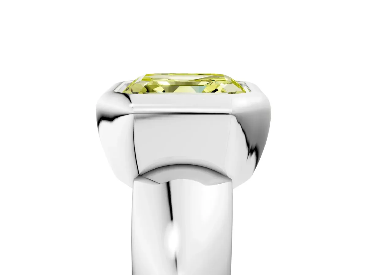 Fancy Yellow Bezel Set Asscher Cut Solitaire Ring with Wide Band Platinum