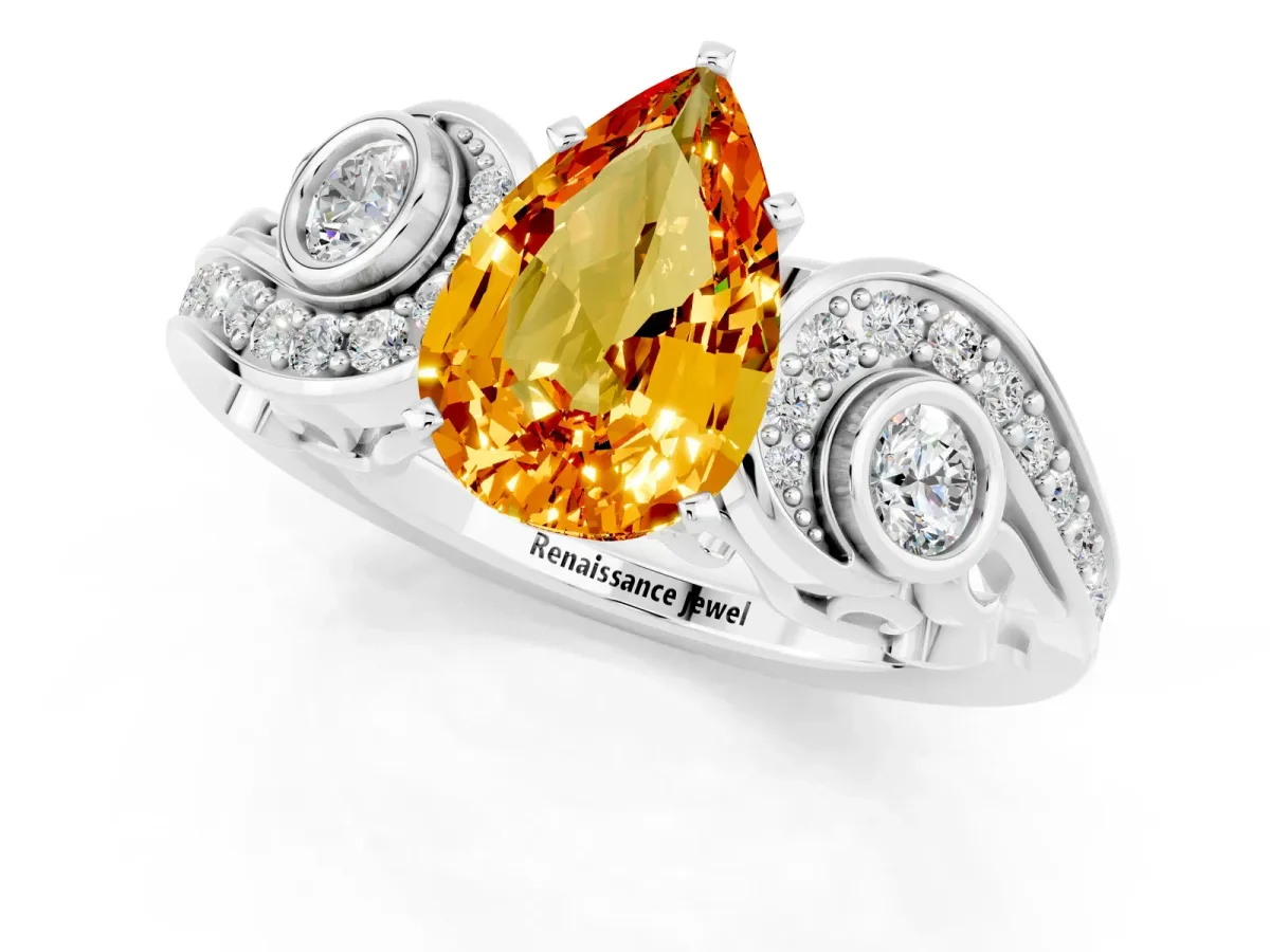 Pear Cut Citrine Solitaire Ring with Milgrain Pavé Band and Four-Prong Setting Silver