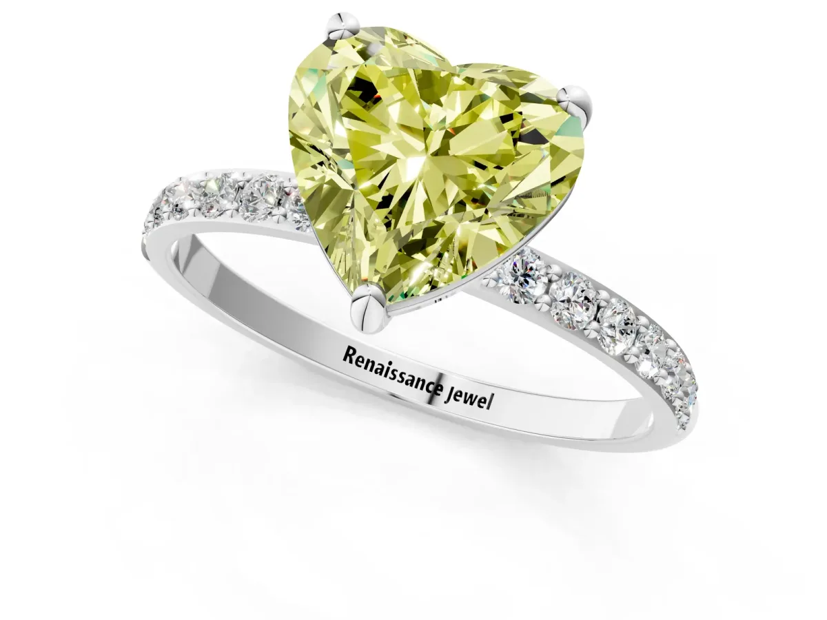 Fancy Yellow Heart Cut Diamond Solitaire Ring with Round Pavé Band and Prong Setting Silver