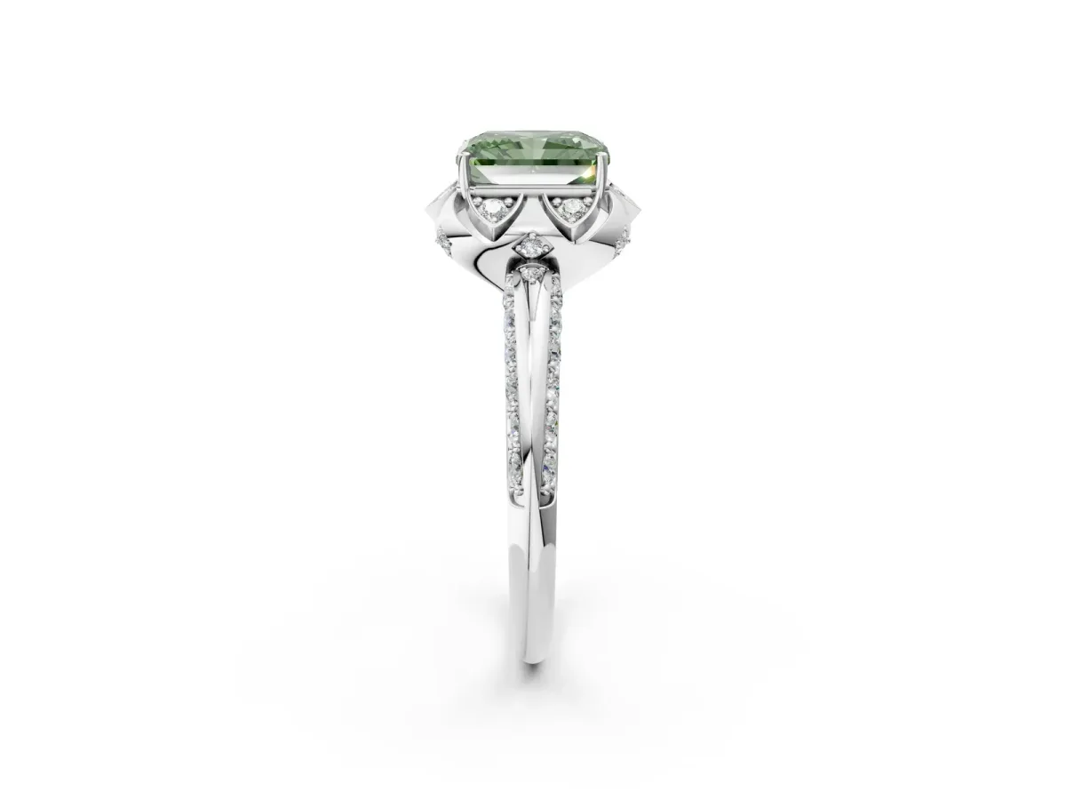 Fancy Green Radiant Cut Halo Split Shank Pave Diamond Ring with Petal Prong Setting Platinum