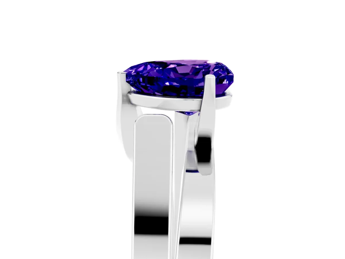 Modern Tension Set Heart Cut Tanzanite Solitaire Wide Band Ring Silver