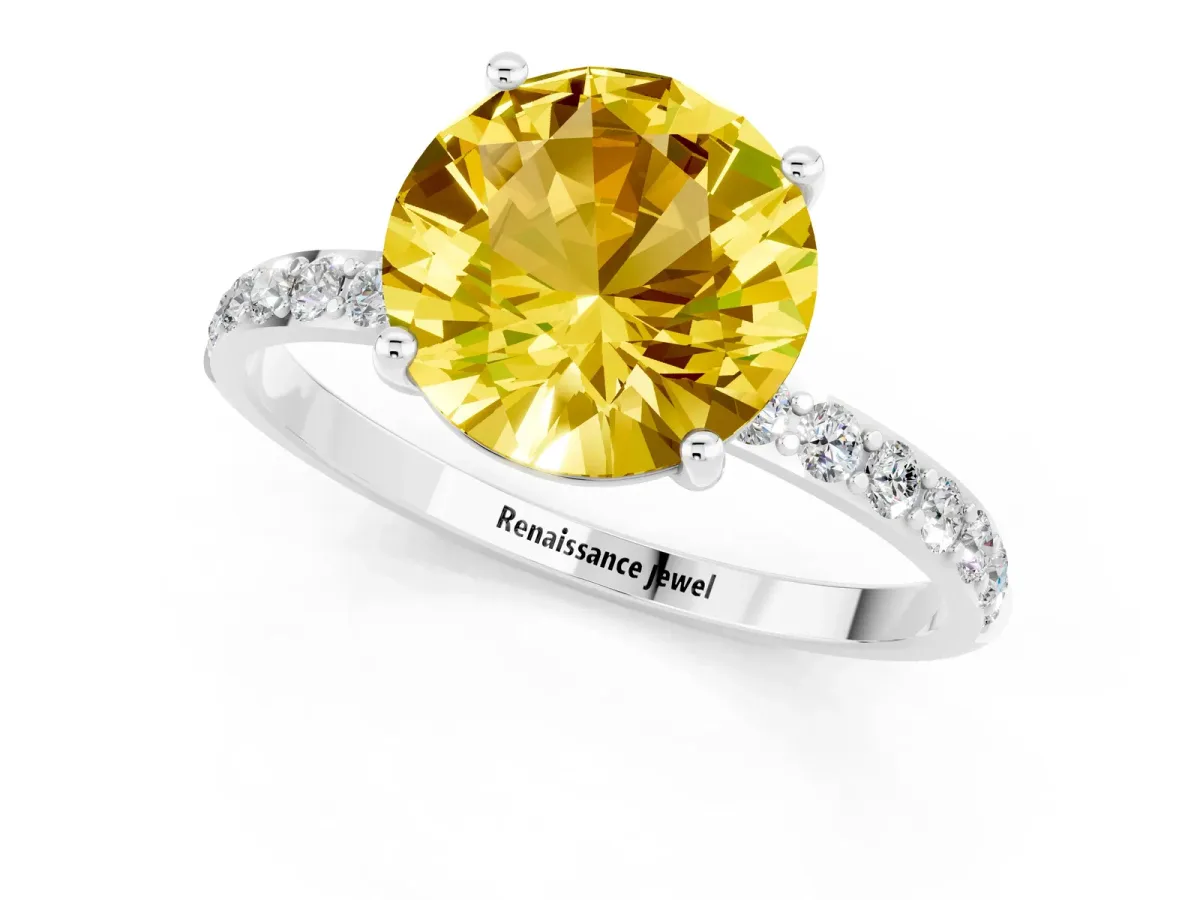 Round Cut Yellow Sapphire Solitaire Ring with Round Pavé Band and Prong Setting Silver