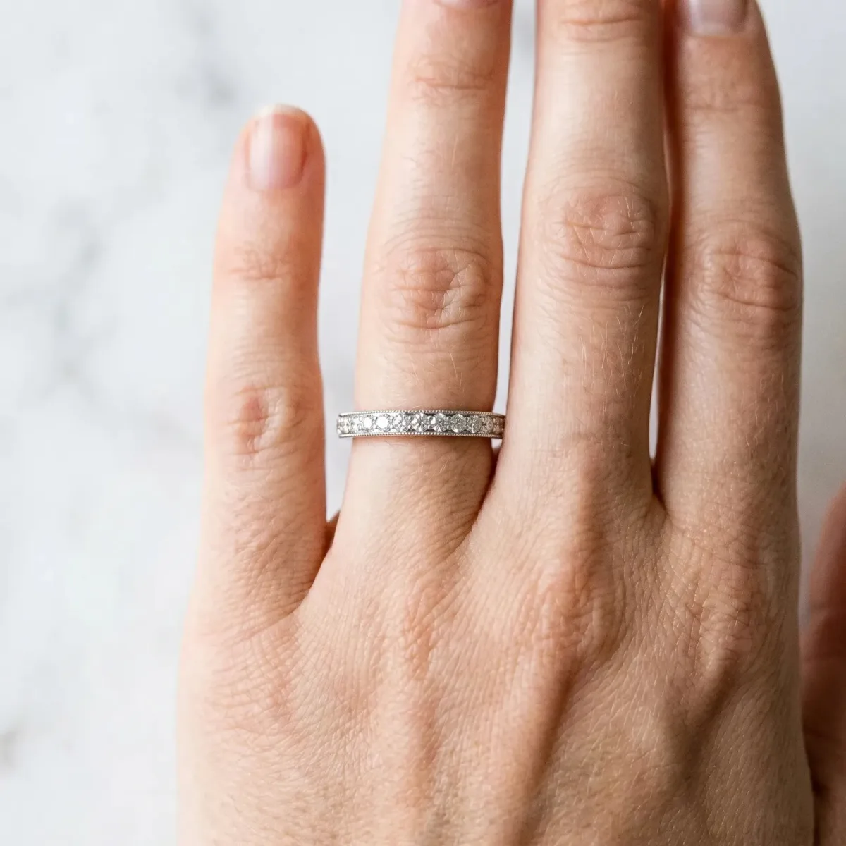 Round Diamond Pavé Set Milgrain Wedding Band Silver