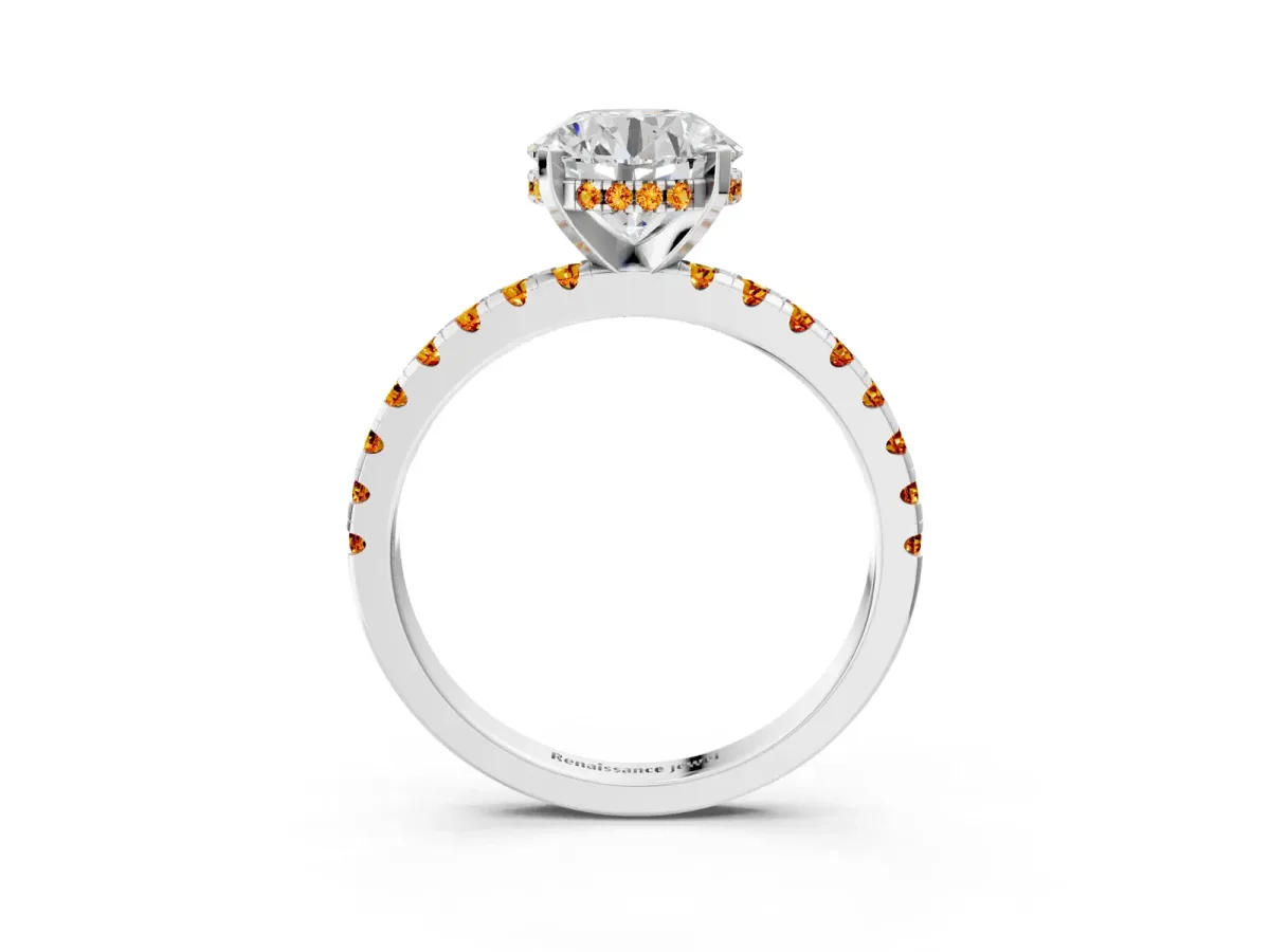 Round Cut Diamond Solitaire Ring with Round Citrine Pavé Band and Four-Prong Setting Silver