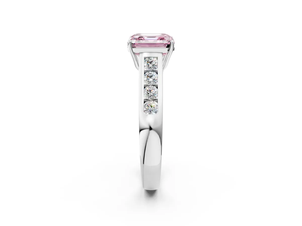 Fancy Pink Asscher Cut Brilliant Channel-Set Solitaire Ring with Four-Prong Setting Platinum