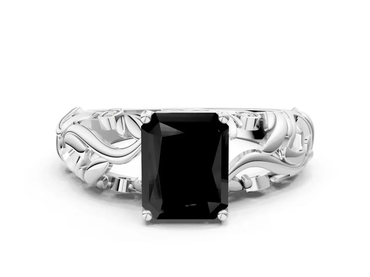 Fancy Black Radiant Cut Solitaire Diamond Leaf-Inspired Vine Band Ring with Prong Setting Platinum