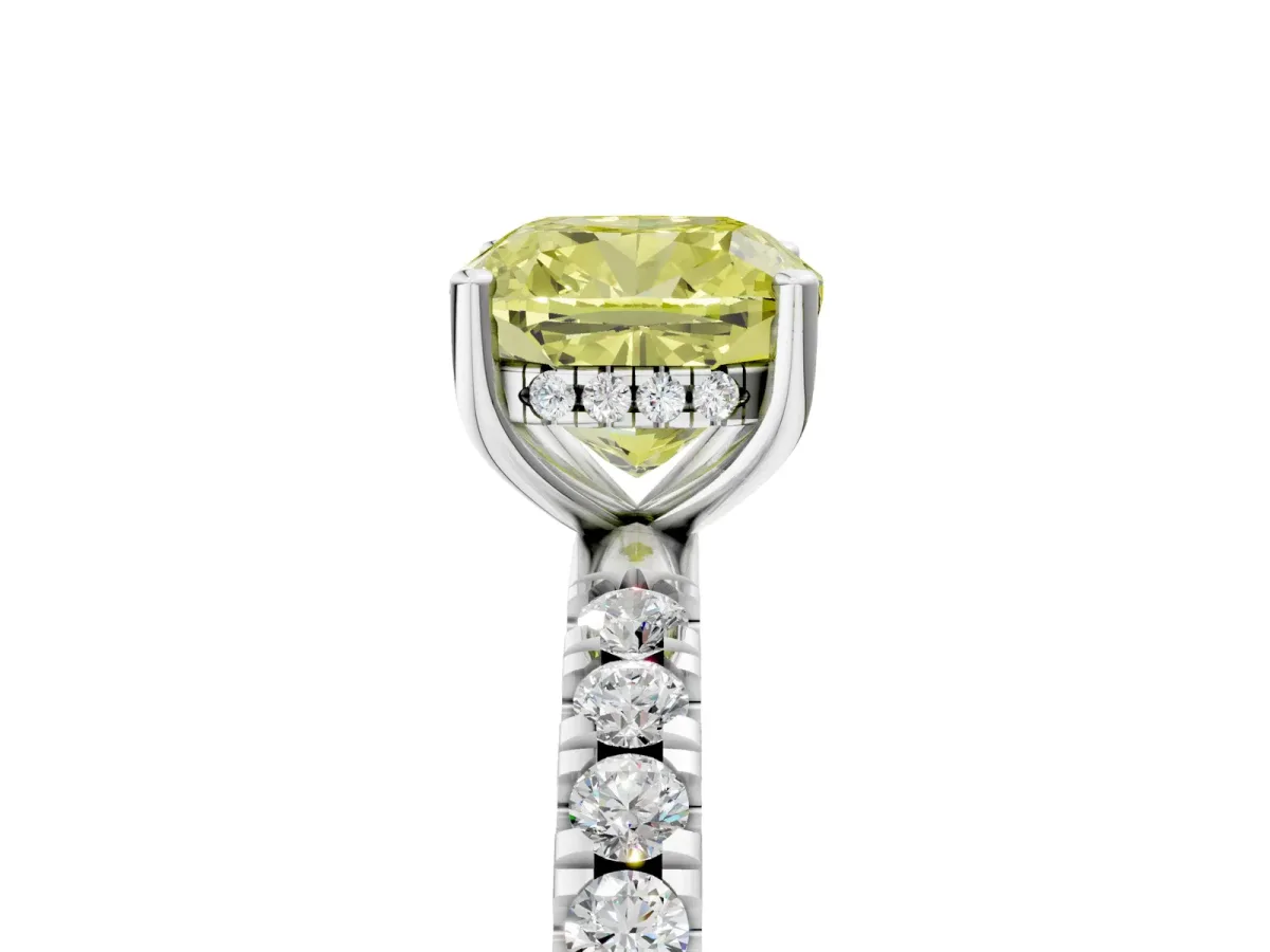 Fancy Yellow Cushion Cut Diamond Pave Band Solitaire Ring with Round and Prong Setting Silver