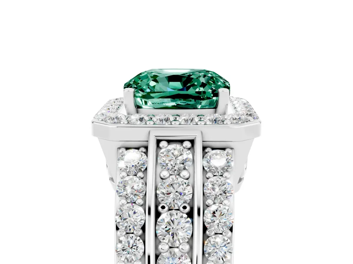 Cushion Cut Halo Green Sapphire Ring with Round Split Shank and Prong Setting Silver