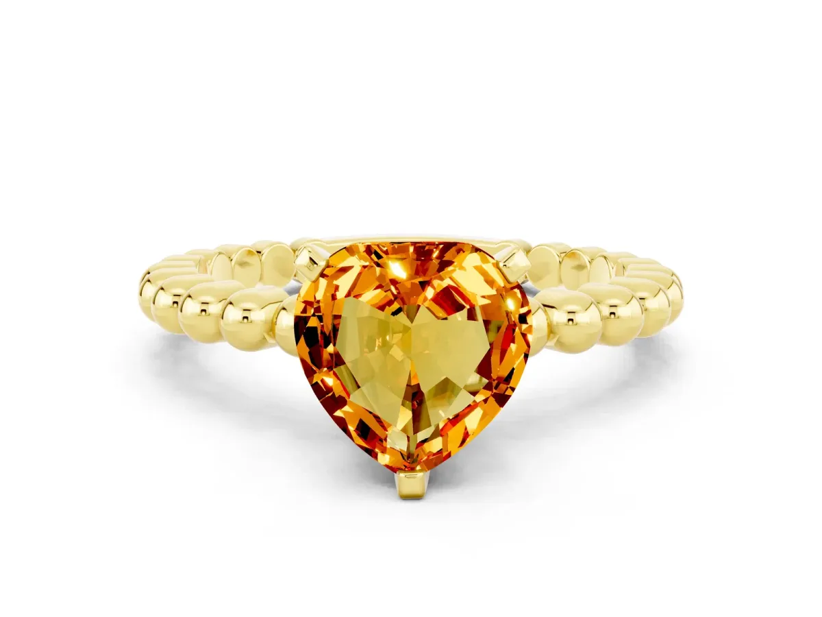 Heart Cut Citrine Solitaire Ring with Beaded Band and Prong Setting Yellow gold