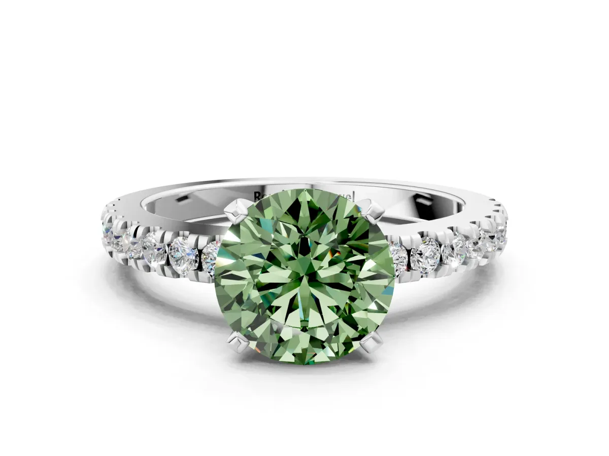 Fancy Green Round Cut Solitaire Diamond with Pavé Band and Four-Prong Setting Silver
