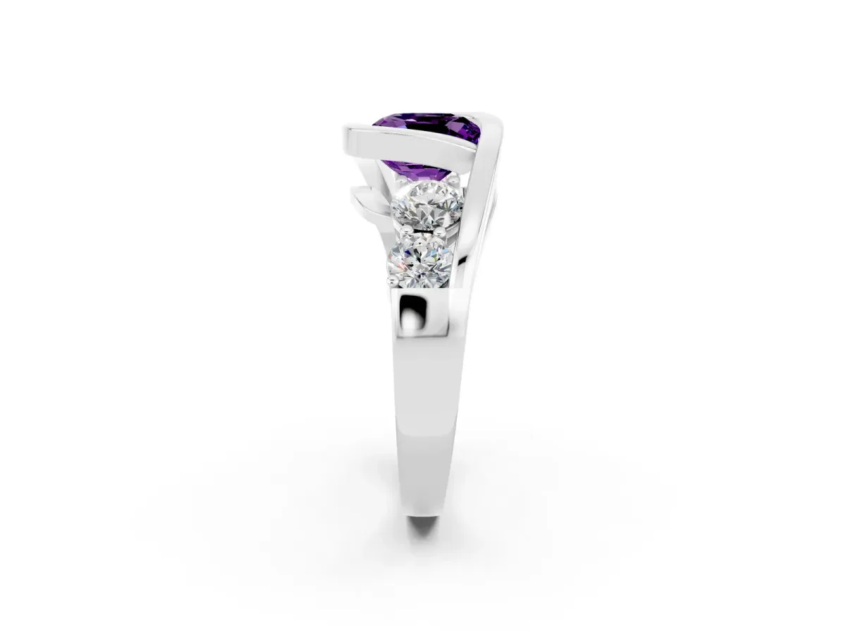 Bezel Set Cushion Cut Amethyst Bypass Ring with Round Accents Silver