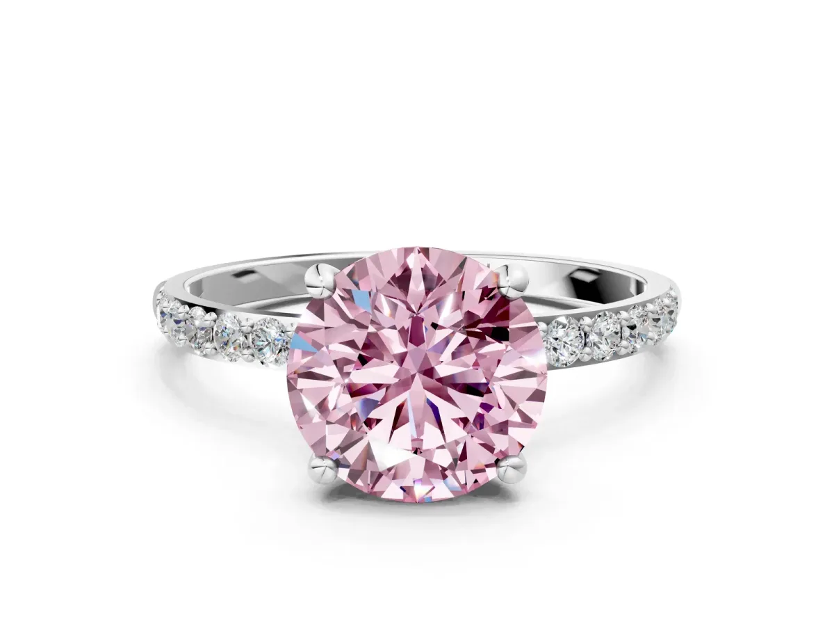 Fancy Pink Round Cut Diamond Solitaire Ring with Round Pavé Band and Prong Setting Silver