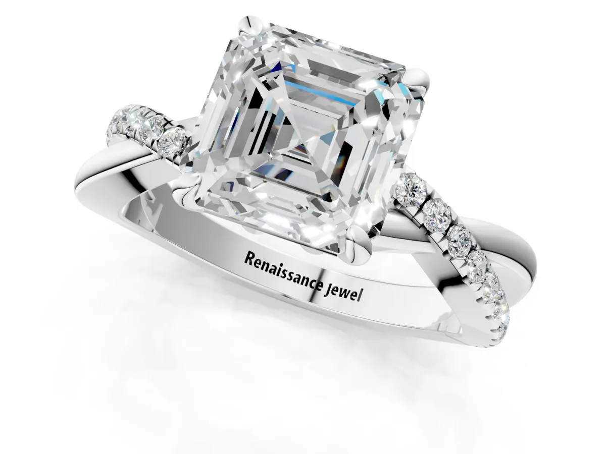 Asscher Cut Cut Twist Band Solitaire Diamond Ring with Pavé Setting Platinum