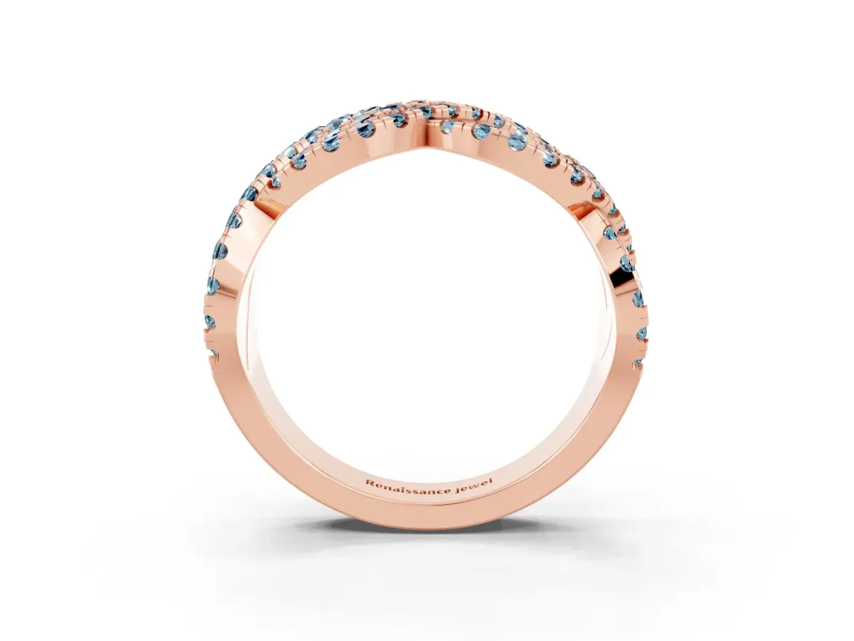 Pavé Round Aquamarine Infinity Twist Band with Shared Prong Setting Rose gold