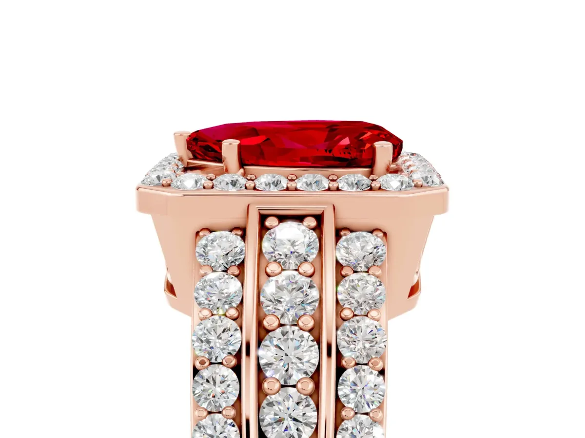 Pear Cut Halo Ruby Ring with Round Split Shank and Prong Setting Rose gold