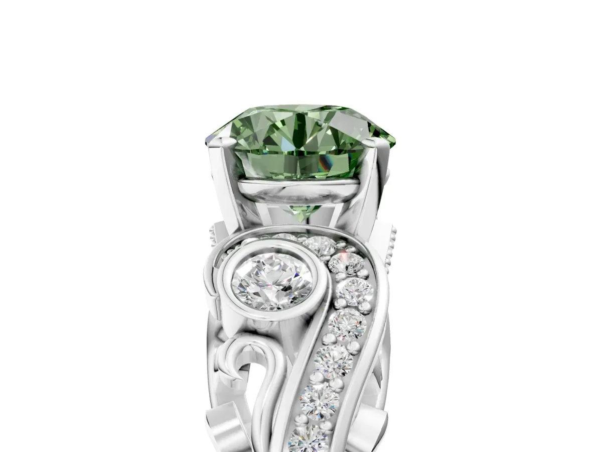 Fancy Green Round Cut Diamond Solitaire Ring with Milgrain Pavé Band and Four-Prong Setting Silver