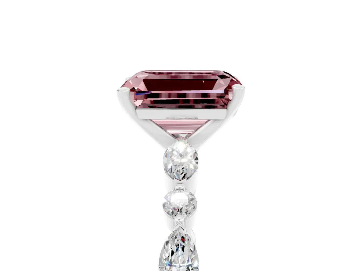 Emerald Cut Morganite Ring with Marquise and Round Side Stones and Four-Prong Setting Silver