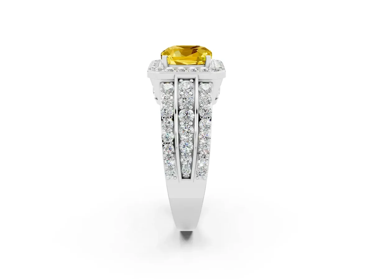 Cushion Cut Halo Yellow Sapphire Ring with Round Split Shank and Prong Setting Silver