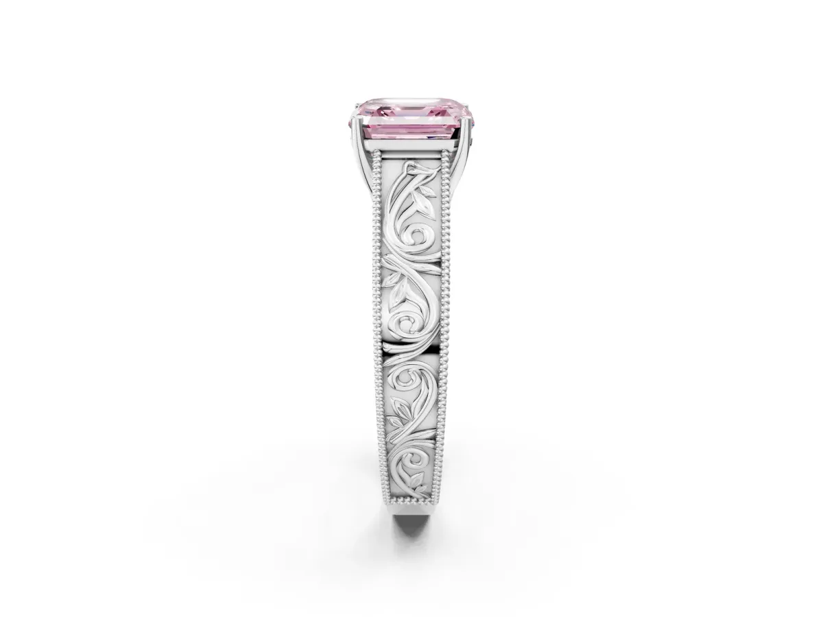 Fancy Pink Asscher Cut Diamond Solitaire Ring with Engraved Band and Four-Prong Setting Platinum
