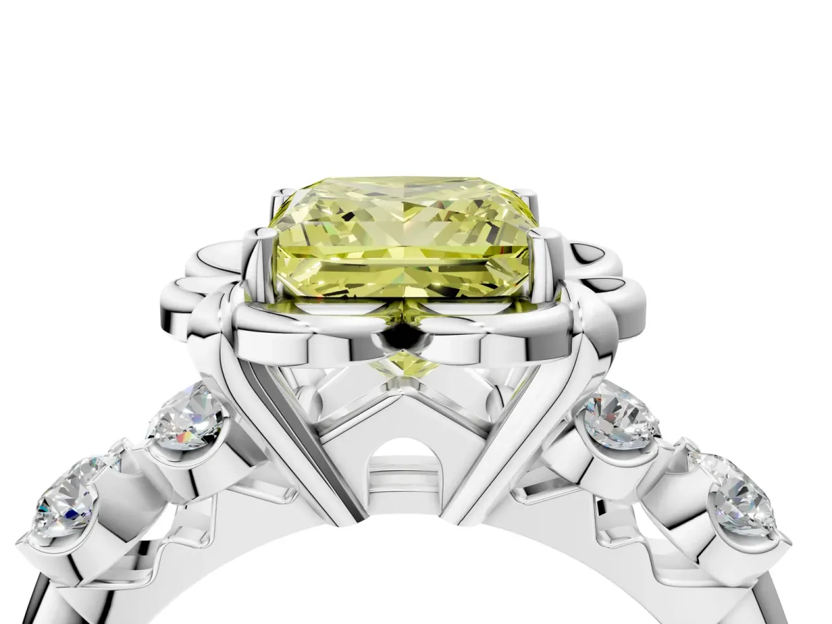 Fancy Yellow Princess Cut Cut Diamond Floral Halo Engagement Ring with Shared Prong Setting Silver