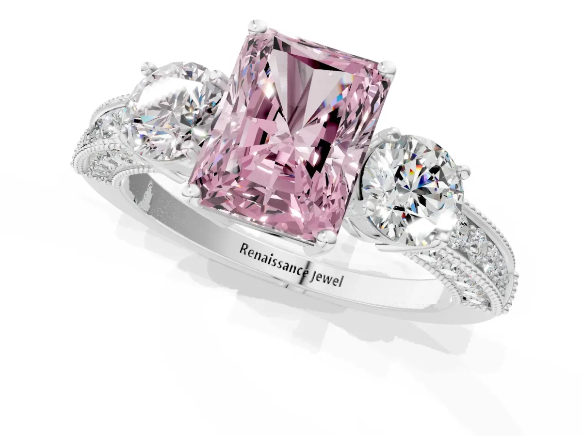 Fancy Pink Radiant Cut Three-Stone Diamond Ring with Pavé Band and Four-Prong Setting Platinum
