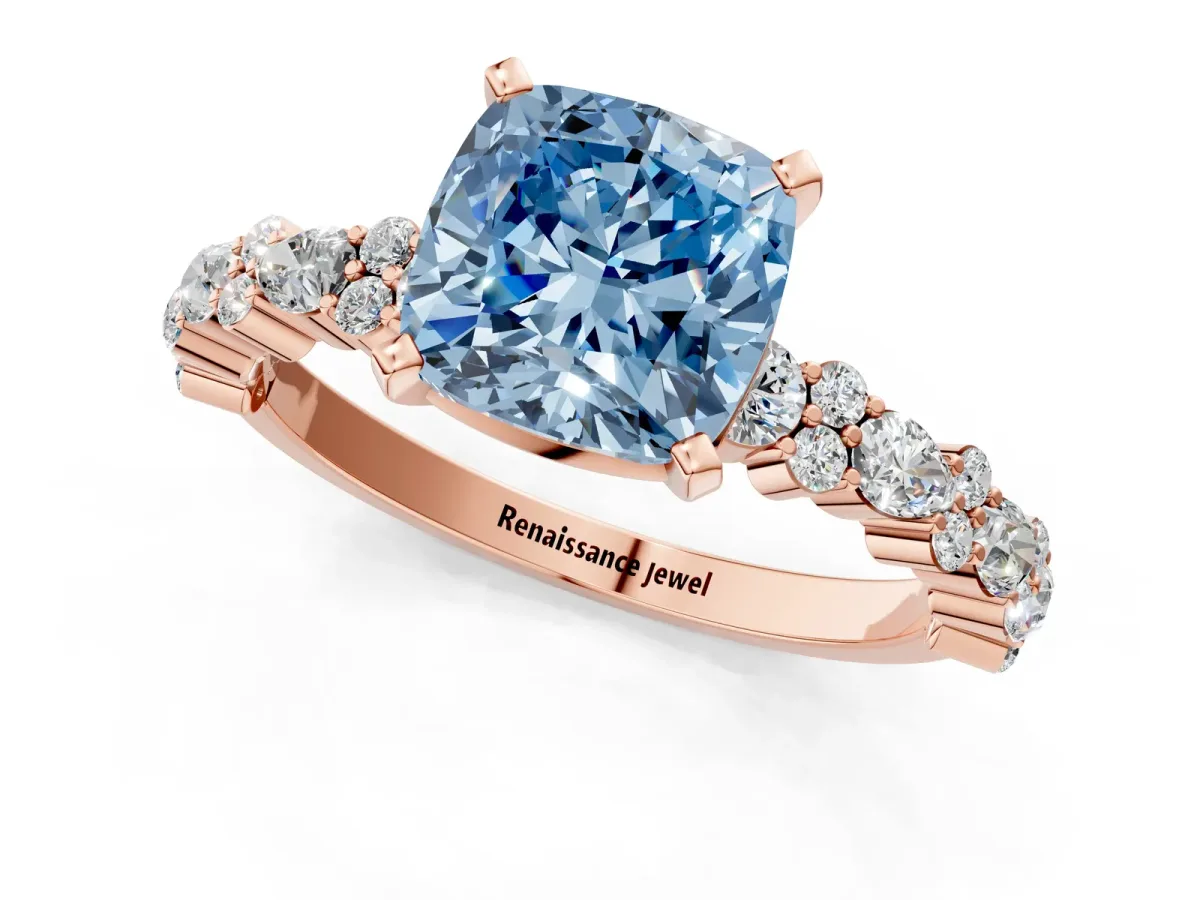 Fancy Blue Cushion Cut Diamond Side Stone Solitaire Ring with Round and Four-Prong Setting Rose gold
