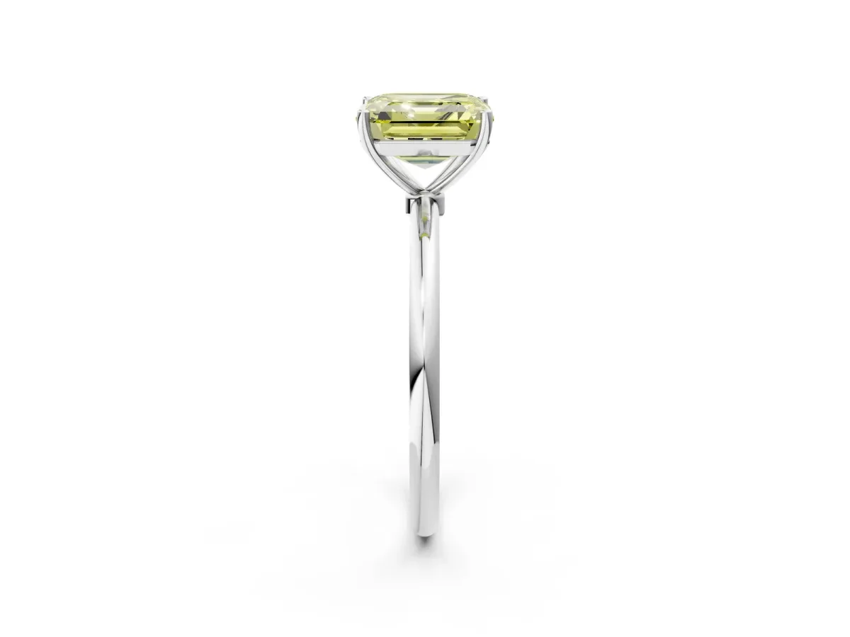 Fancy Yellow Asscher Cut Cut Solitaire Engagement Ring with Thin Band and Four-Prong Setting Platinum