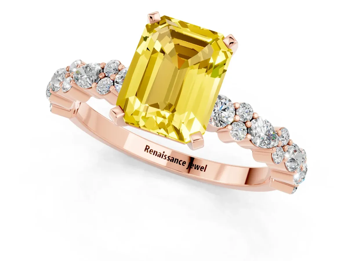 Emerald Cut Yellow Sapphire Side Stone Solitaire Ring with Round and Four-Prong Setting Rose gold