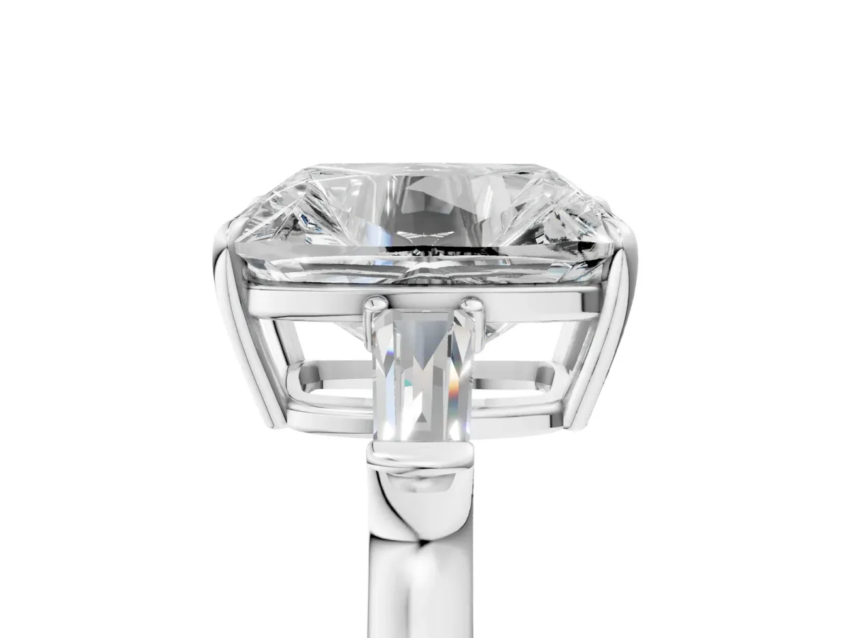 Old Mine Elongated Cushion Diamond with Side Tapered Baguette Three Stone Ring Silver